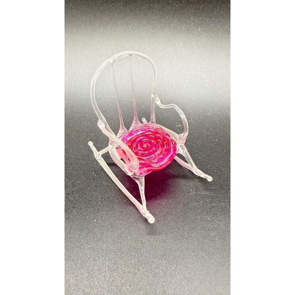 Hand Blown Art Glass Miniature Rocking Chair Figurine Pink Rose Seat Clear